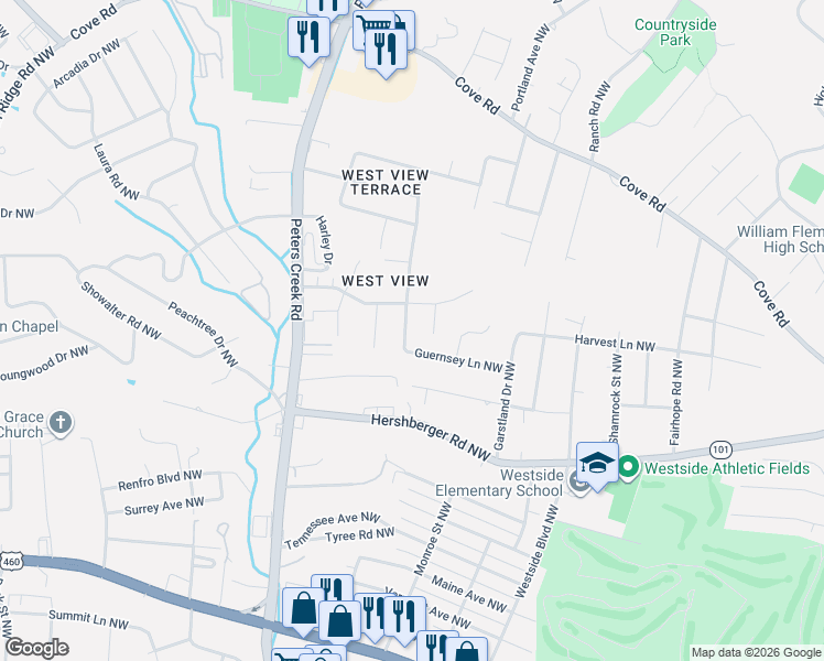 map of restaurants, bars, coffee shops, grocery stores, and more near 1633-1639 Angus Road Northwest in Roanoke