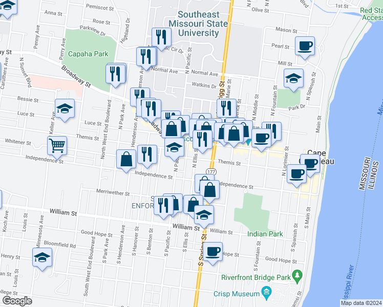 map of restaurants, bars, coffee shops, grocery stores, and more near 818 Themis Street in Cape Girardeau
