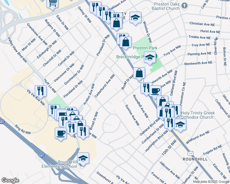 map of restaurants, bars, coffee shops, grocery stores, and more near 2712 Broad Street Northwest in Roanoke