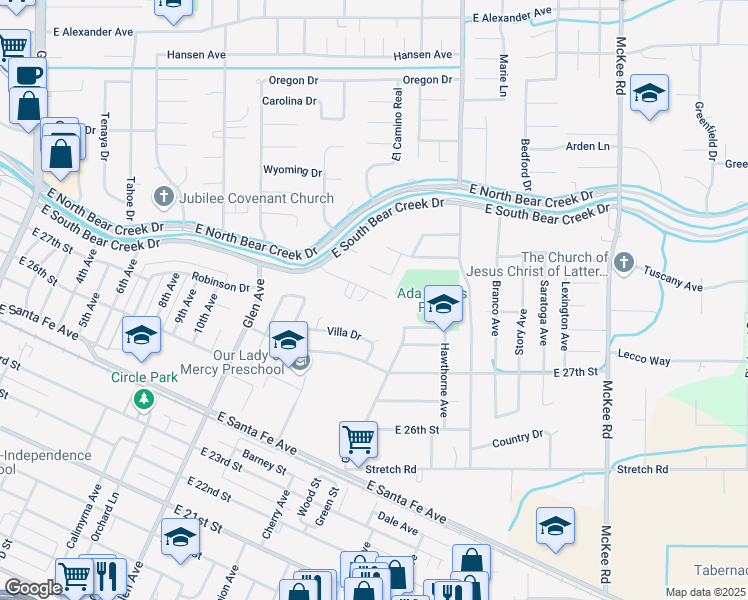 map of restaurants, bars, coffee shops, grocery stores, and more near 1490 Cameron Lane in Merced