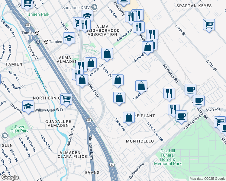 map of restaurants, bars, coffee shops, grocery stores, and more near 1723 Little Orchard Street in San Jose