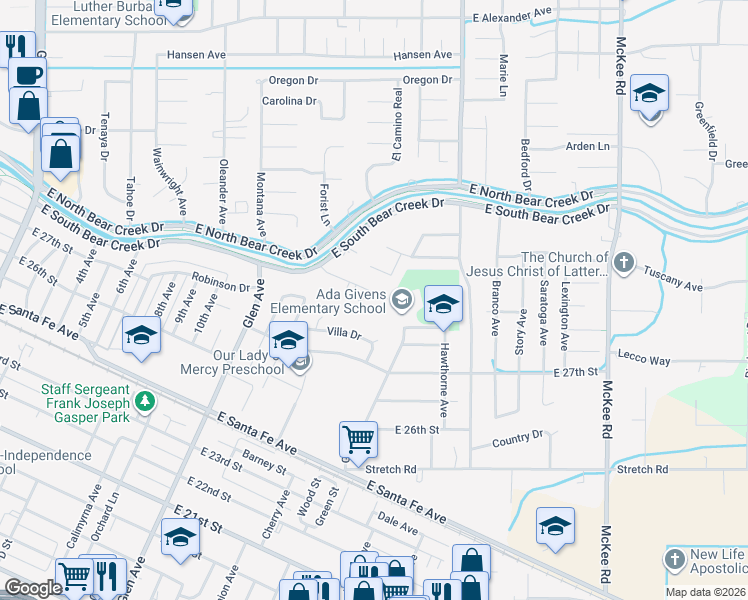 map of restaurants, bars, coffee shops, grocery stores, and more near 1463 Cameron Lane in Merced