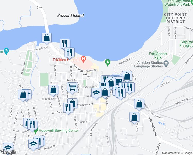 map of restaurants, bars, coffee shops, grocery stores, and more near 508 North 2nd Avenue in Hopewell