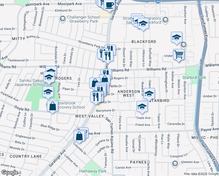 map of restaurants, bars, coffee shops, grocery stores, and more near 4172 De Mille Drive in San Jose