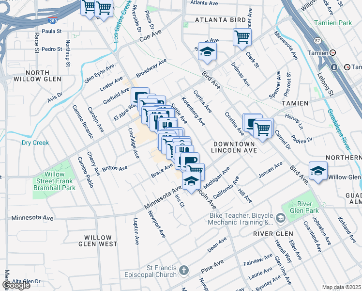 map of restaurants, bars, coffee shops, grocery stores, and more near 1265 Blewett Avenue in San Jose