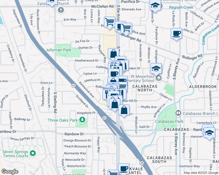 map of restaurants, bars, coffee shops, grocery stores, and more near 7375 Rollingdell Drive in Cupertino