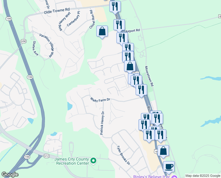 map of restaurants, bars, coffee shops, grocery stores, and more near 310 Patriot Lane in Williamsburg