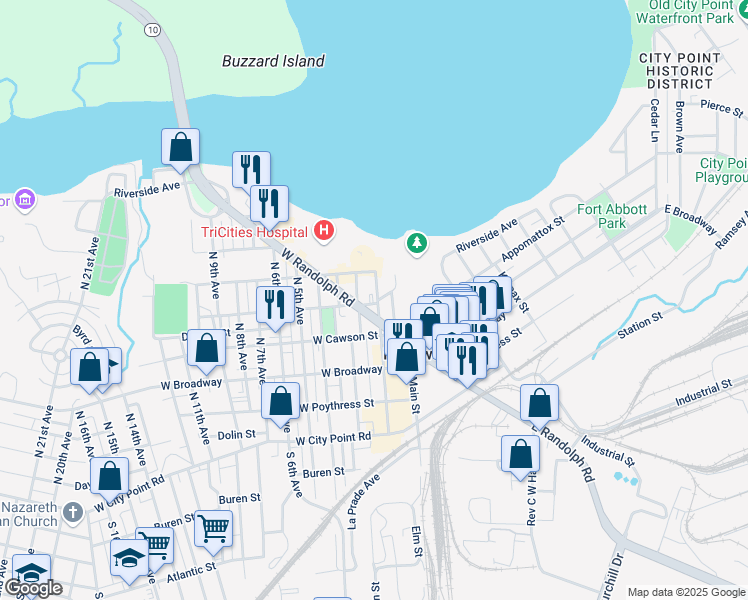 map of restaurants, bars, coffee shops, grocery stores, and more near 510 North 2nd Avenue in Hopewell