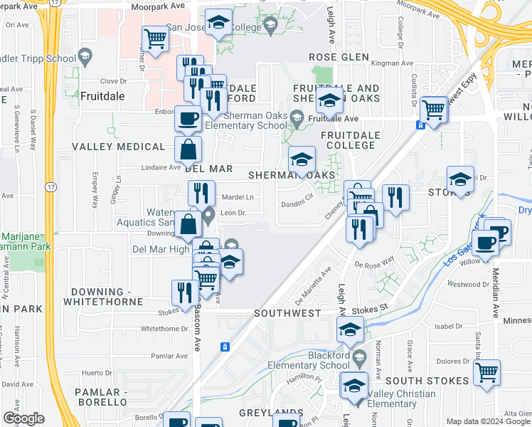 map of restaurants, bars, coffee shops, grocery stores, and more near 1078 Princess Anne Drive in San Jose
