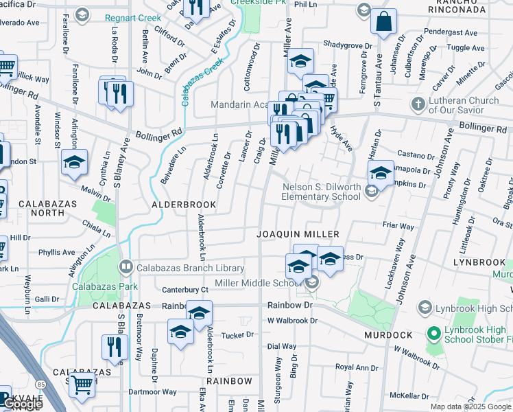 map of restaurants, bars, coffee shops, grocery stores, and more near 1083 Miller Avenue in San Jose