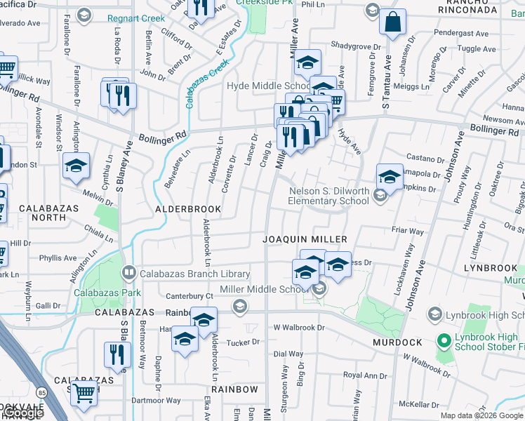 map of restaurants, bars, coffee shops, grocery stores, and more near 1083 Miller Avenue in San Jose