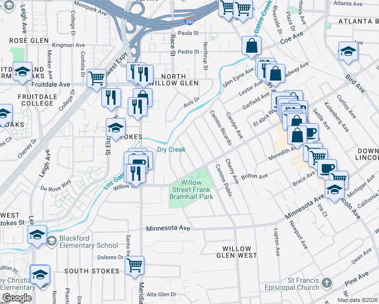 map of restaurants, bars, coffee shops, grocery stores, and more near 1035 Camino Ramon in San Jose