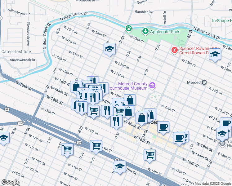 map of restaurants, bars, coffee shops, grocery stores, and more near 935 West 19th Street in Merced