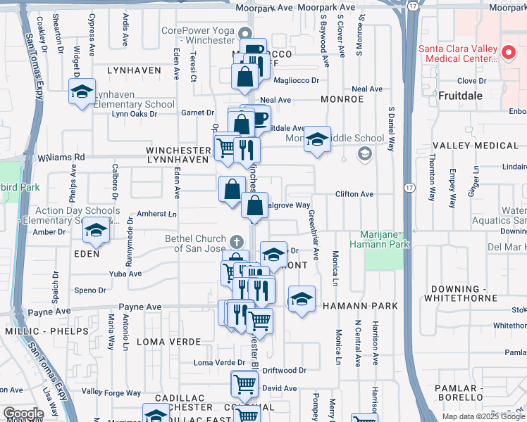 map of restaurants, bars, coffee shops, grocery stores, and more near 1114 South Winchester Boulevard in San Jose