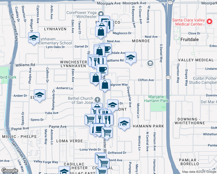 map of restaurants, bars, coffee shops, grocery stores, and more near 1114 South Winchester Boulevard in San Jose