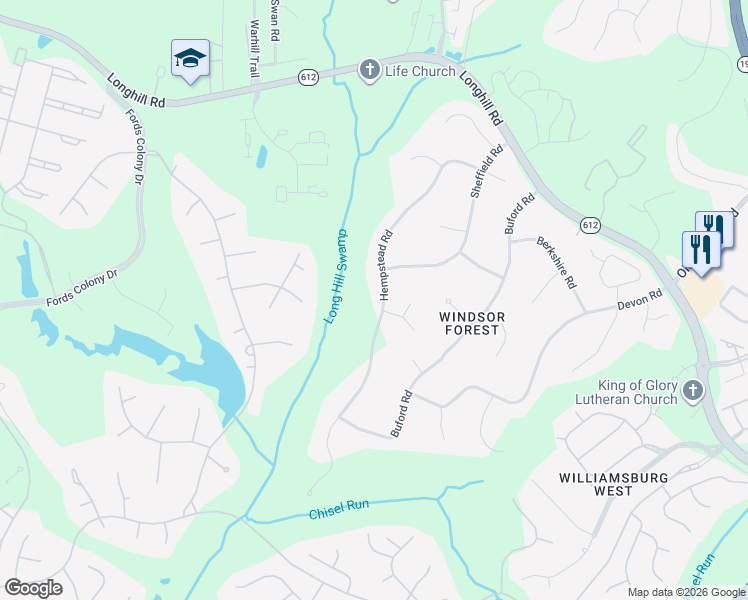map of restaurants, bars, coffee shops, grocery stores, and more near 302 Hempstead Road in Williamsburg