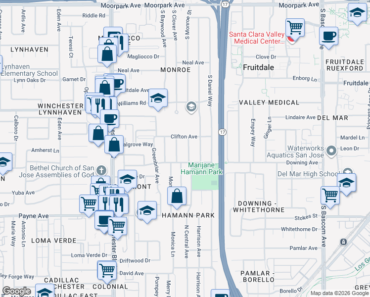 map of restaurants, bars, coffee shops, grocery stores, and more near 1330 South Clover Avenue in San Jose