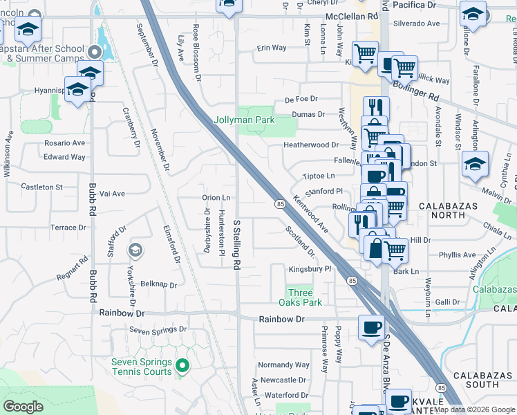 map of restaurants, bars, coffee shops, grocery stores, and more near 1082 West Hill Court in Cupertino