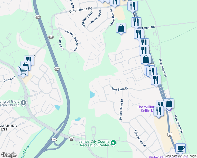 map of restaurants, bars, coffee shops, grocery stores, and more near 520 Ashwood Drive in Williamsburg