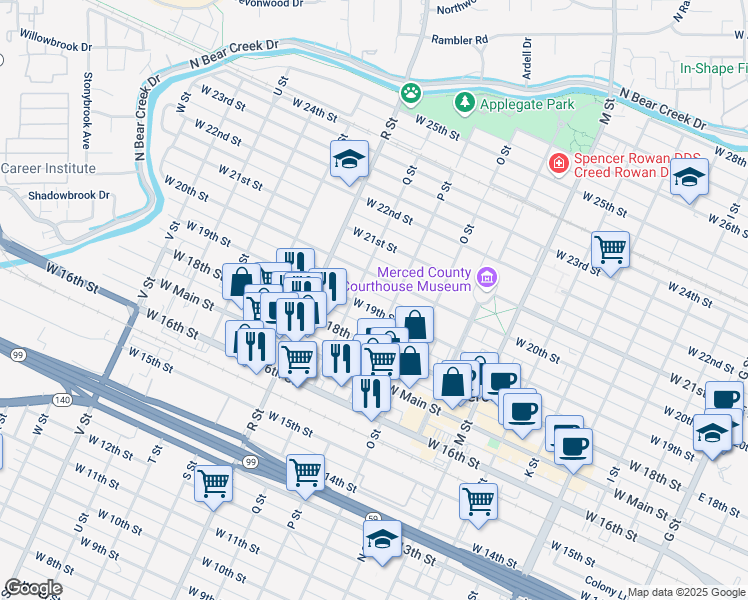 map of restaurants, bars, coffee shops, grocery stores, and more near 1920 Q Street in Merced