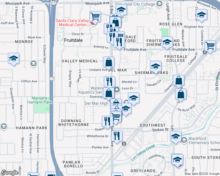 map of restaurants, bars, coffee shops, grocery stores, and more near 1083 S Bascom Ave in San Jose
