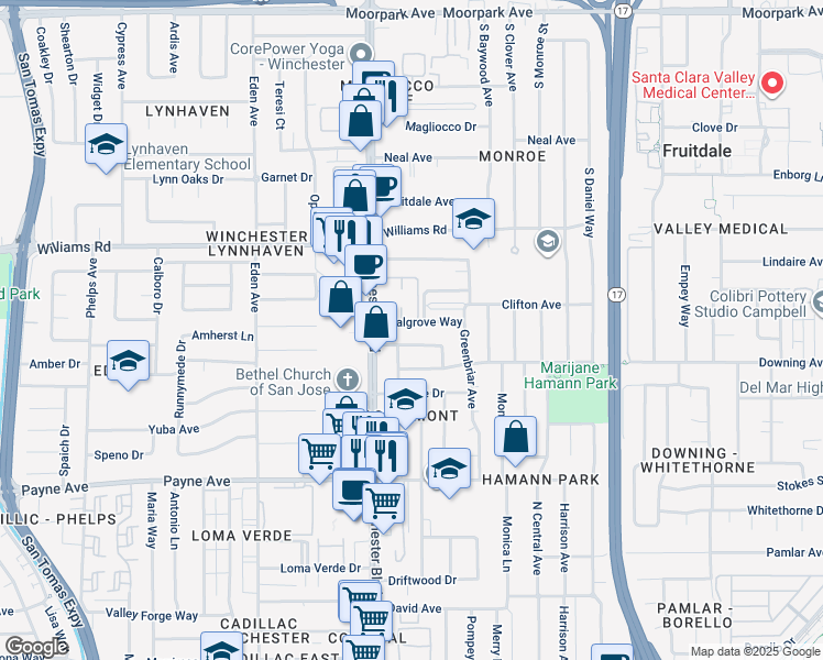map of restaurants, bars, coffee shops, grocery stores, and more near 1056 Walgrove Way in San Jose