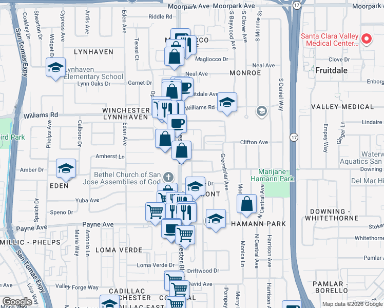 map of restaurants, bars, coffee shops, grocery stores, and more near 1056 Walgrove Way in San Jose