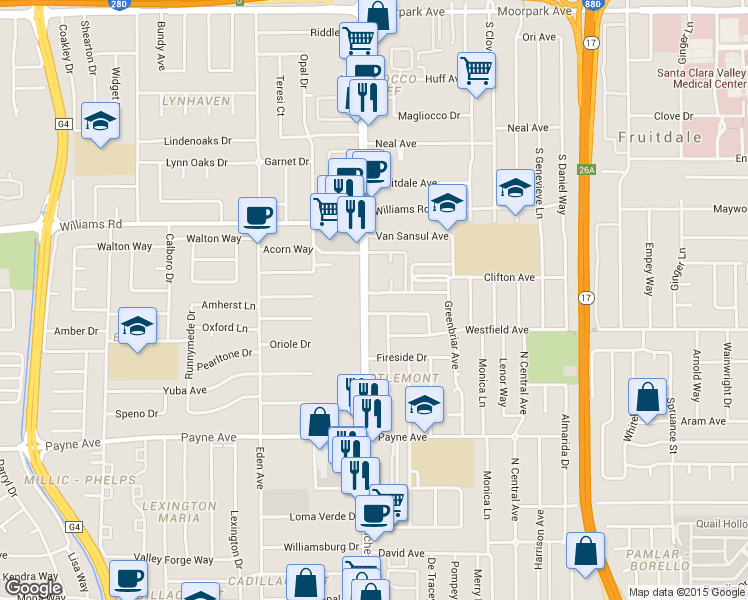 map of restaurants, bars, coffee shops, grocery stores, and more near 1116 South Winchester Boulevard in San Jose
