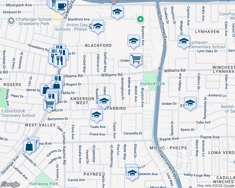 map of restaurants, bars, coffee shops, grocery stores, and more near 1088 Topaz Avenue in San Jose