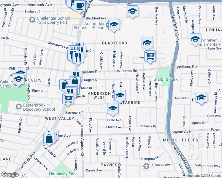 map of restaurants, bars, coffee shops, grocery stores, and more near 1075 Roewill Drive in San Jose