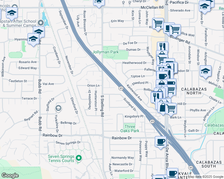 map of restaurants, bars, coffee shops, grocery stores, and more near 1082 West Hill Court in Cupertino