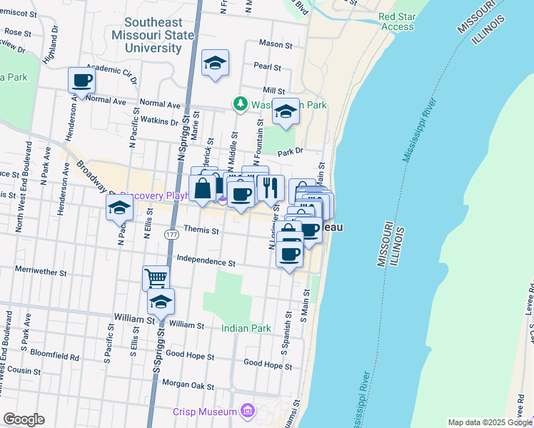 map of restaurants, bars, coffee shops, grocery stores, and more near in Cape Girardeau