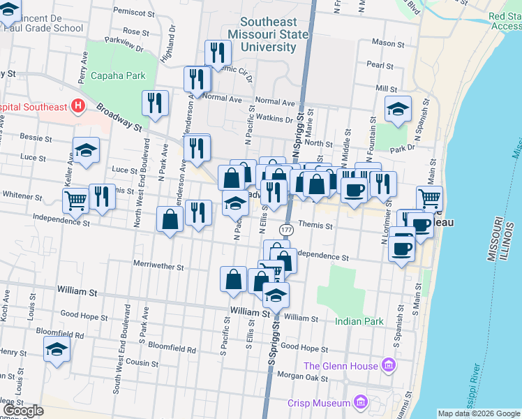 map of restaurants, bars, coffee shops, grocery stores, and more near 818 Themis Street in Cape Girardeau