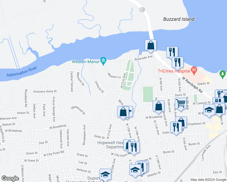map of restaurants, bars, coffee shops, grocery stores, and more near 300 Manor Drive in Hopewell