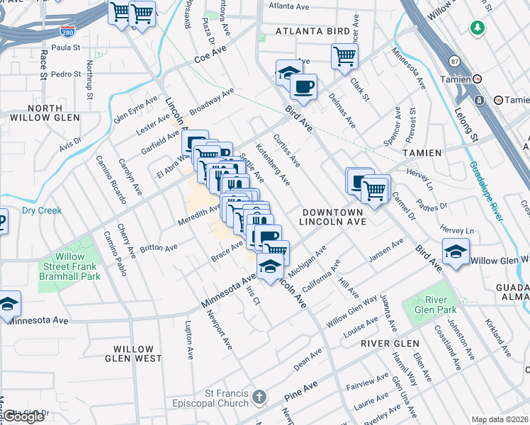 map of restaurants, bars, coffee shops, grocery stores, and more near 1262 Blewett Avenue in San Jose