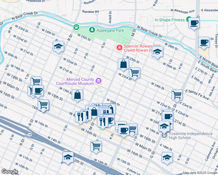 map of restaurants, bars, coffee shops, grocery stores, and more near 2125 M Street in Merced