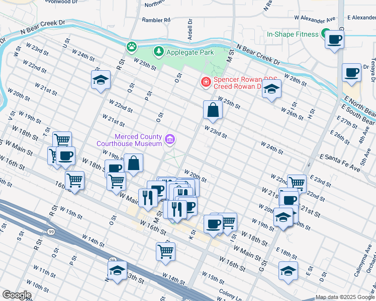 map of restaurants, bars, coffee shops, grocery stores, and more near 2125 M Street in Merced