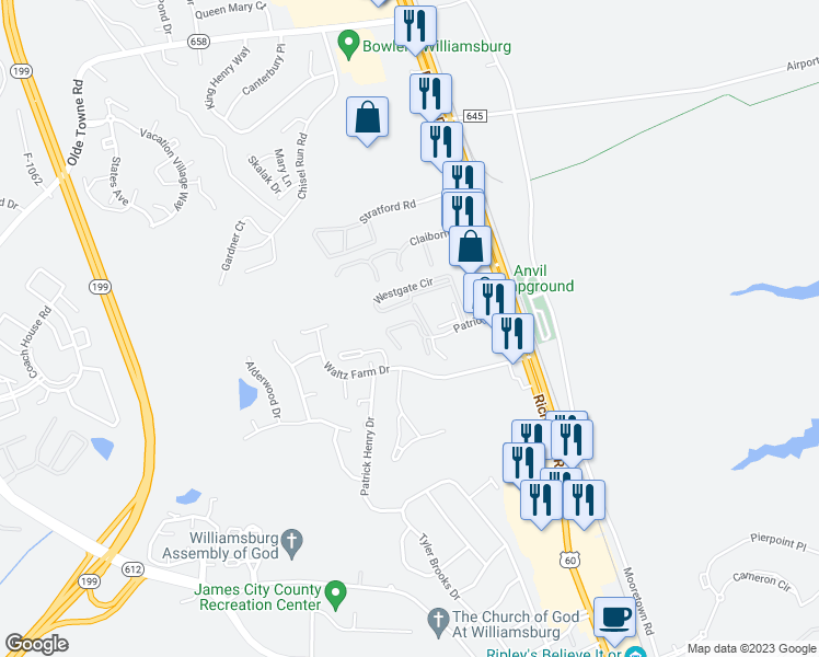 map of restaurants, bars, coffee shops, grocery stores, and more near 306 Patriot Lane in Williamsburg