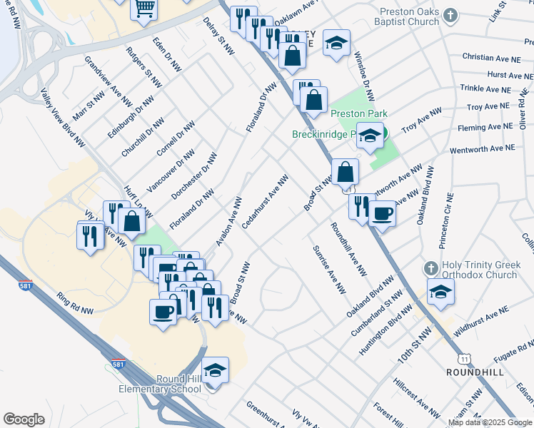 map of restaurants, bars, coffee shops, grocery stores, and more near 2639 Cedarhurst Avenue Northwest in Roanoke