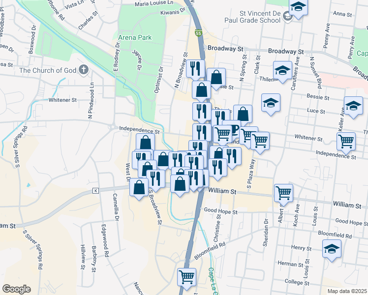 map of restaurants, bars, coffee shops, grocery stores, and more near 11 South Kingshighway in Cape Girardeau