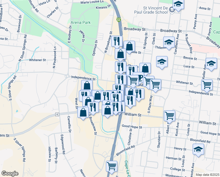 map of restaurants, bars, coffee shops, grocery stores, and more near 11 South Kingshighway in Cape Girardeau