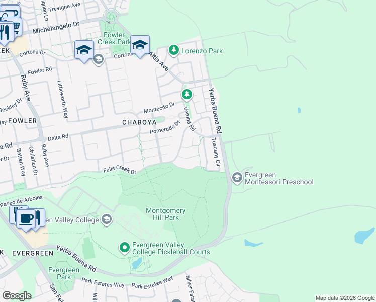 map of restaurants, bars, coffee shops, grocery stores, and more near 3267 Patina Court in San Jose