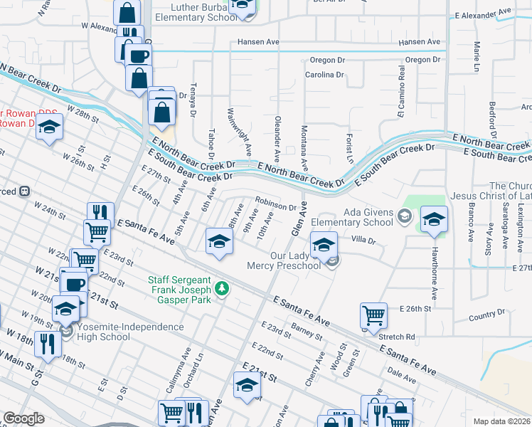 map of restaurants, bars, coffee shops, grocery stores, and more near 2757 10th Avenue in Merced