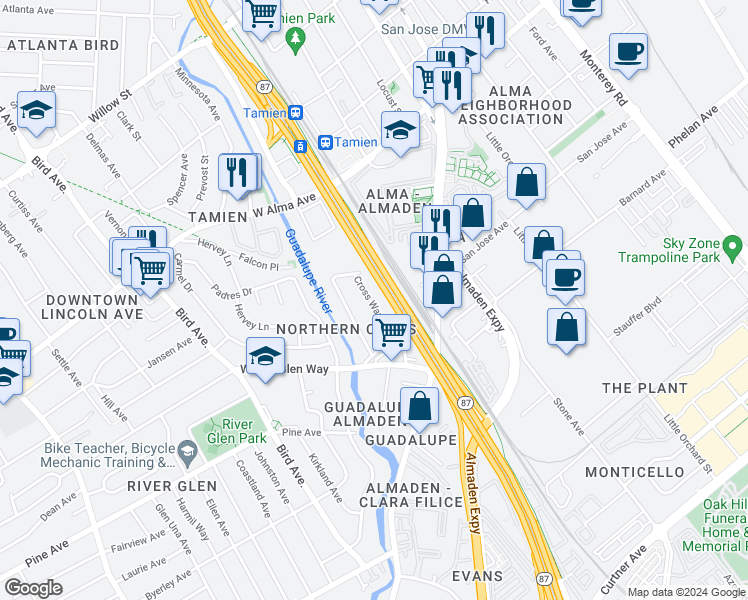 map of restaurants, bars, coffee shops, grocery stores, and more near 1606 Cross Way in San Jose