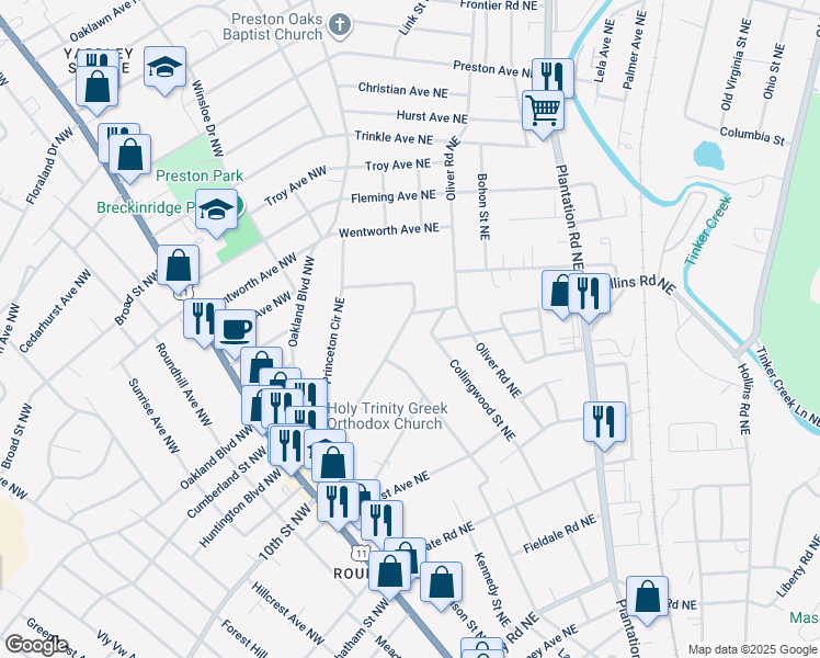 map of restaurants, bars, coffee shops, grocery stores, and more near 233 Huntington Boulevard Northeast in Roanoke