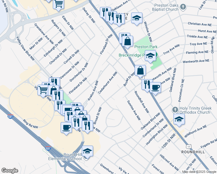 map of restaurants, bars, coffee shops, grocery stores, and more near 2639 Cedarhurst Avenue Northwest in Roanoke