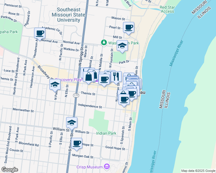 map of restaurants, bars, coffee shops, grocery stores, and more near Broadway Street & North Fountain Street in Cape Girardeau