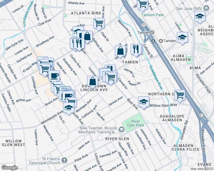 map of restaurants, bars, coffee shops, grocery stores, and more near 1409 Bird Avenue in San Jose