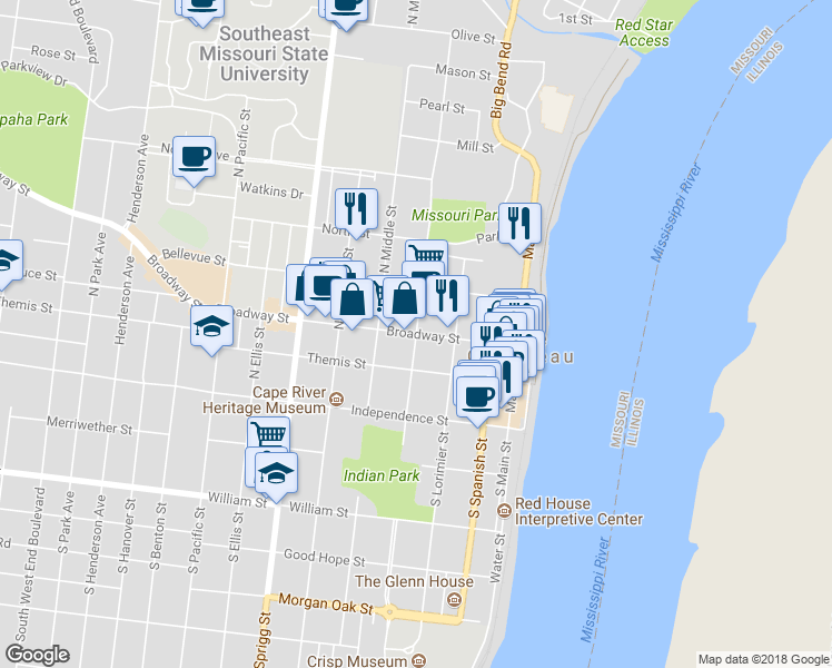 map of restaurants, bars, coffee shops, grocery stores, and more near Broadway Street & North Fountain Street in Cape Girardeau