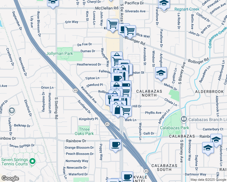 map of restaurants, bars, coffee shops, grocery stores, and more near 7375 Rollingdell Drive in Cupertino